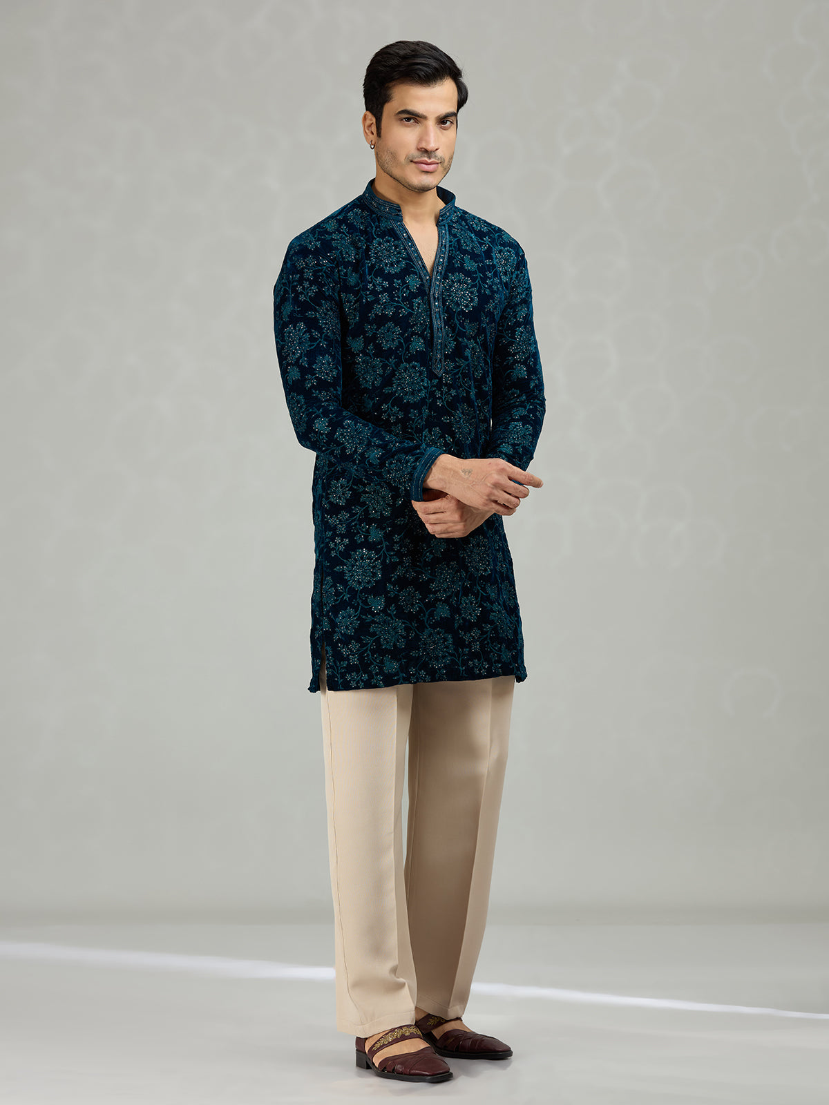 Teal blue floral velvet opulent men kurta suit