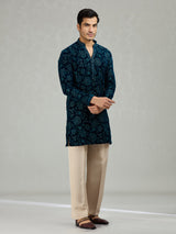 Teal blue floral velvet opulent men kurta suit