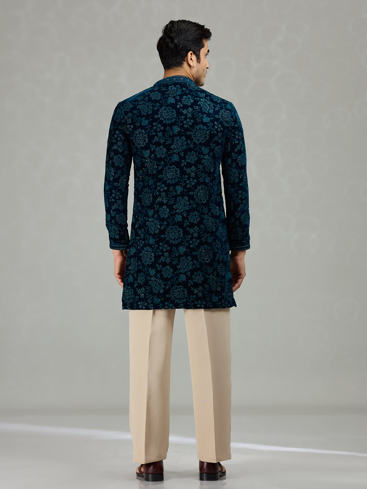 Teal blue floral velvet opulent men kurta suit