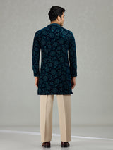 Teal blue floral velvet opulent men kurta suit