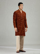 Rust brown floral velvet royal men kurta suit