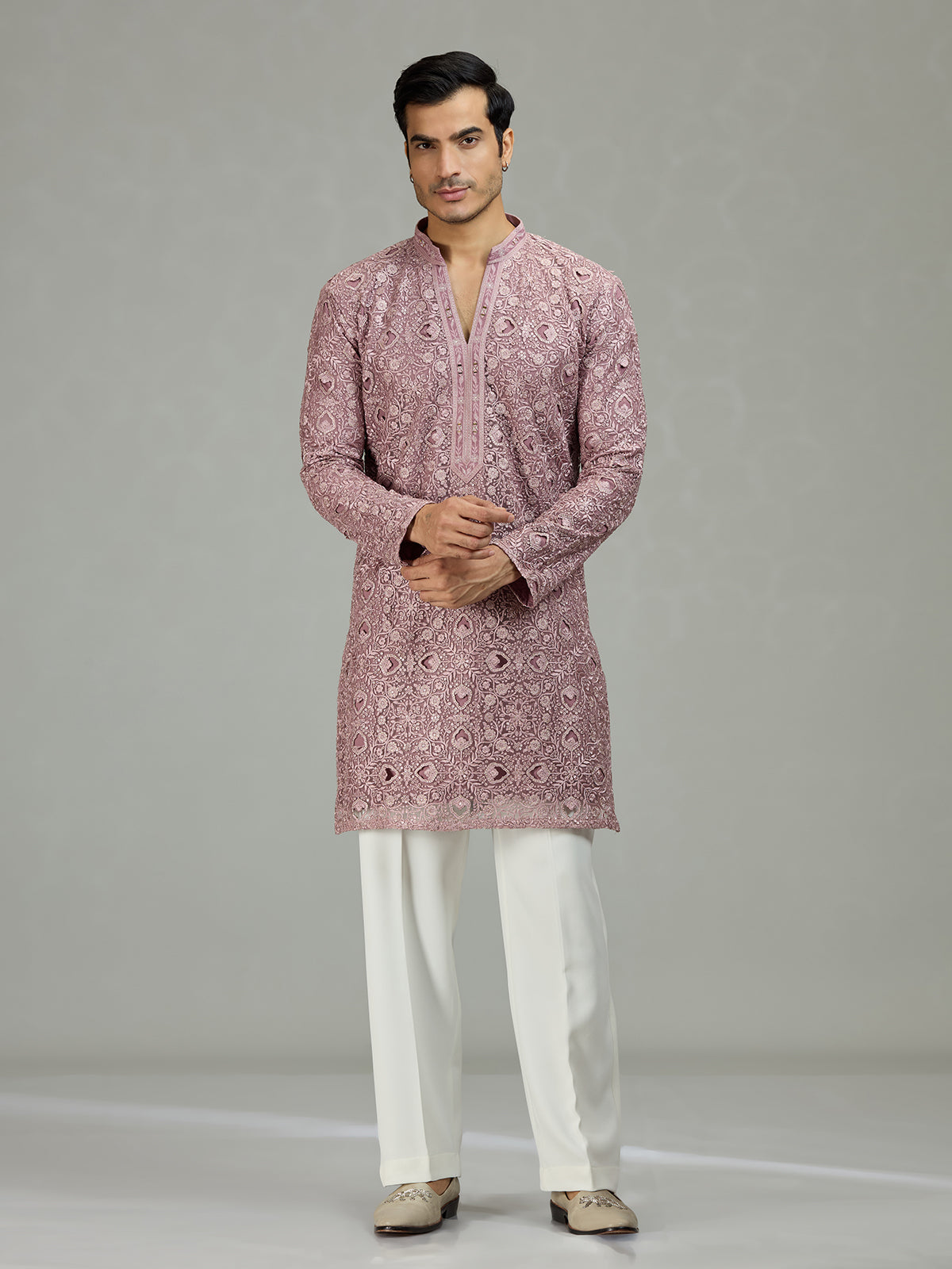 Onion pink diamond cut dapper men kurta suit