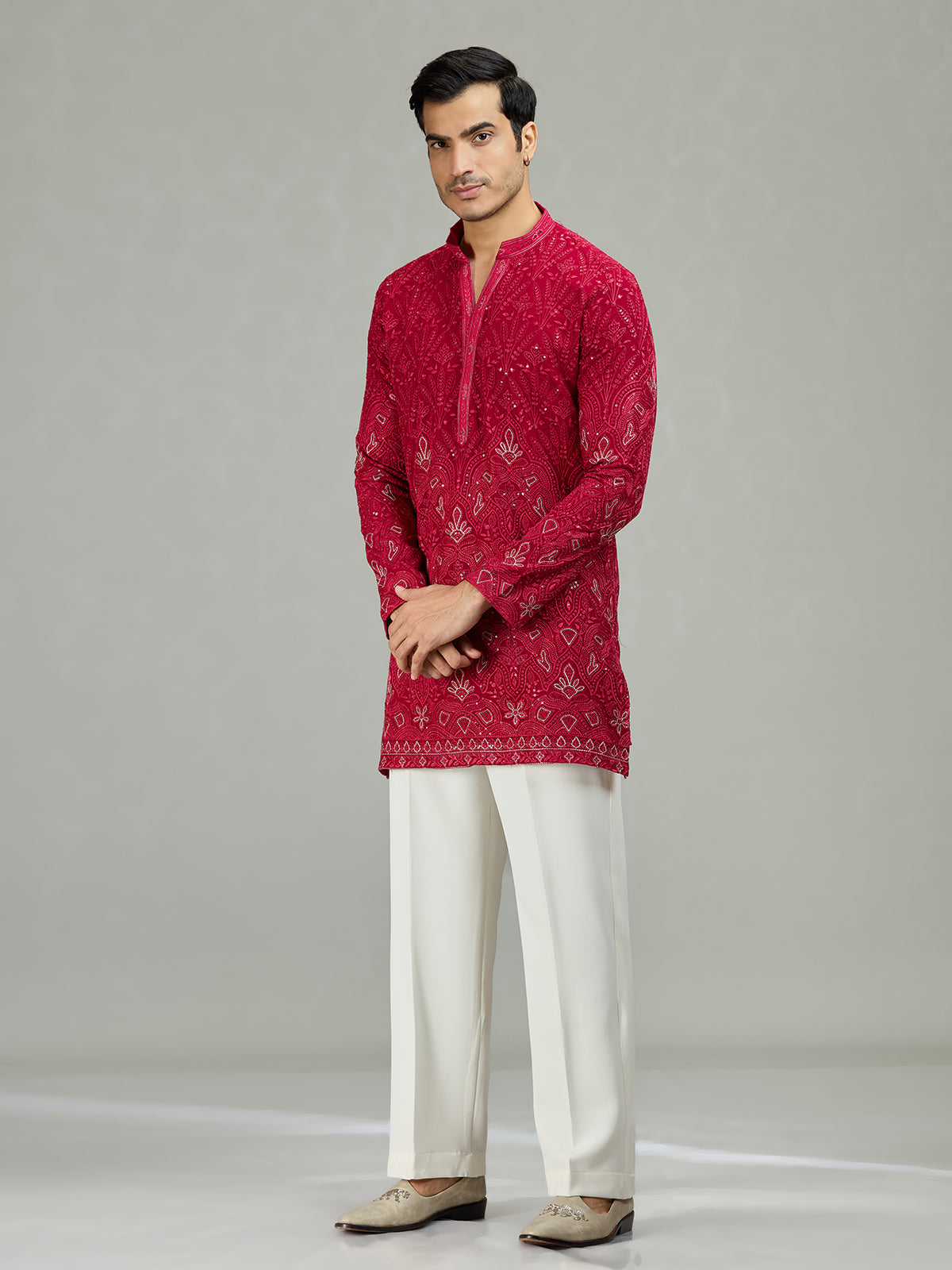Hot pink Kashmiri paisley exquisite men kurta suit