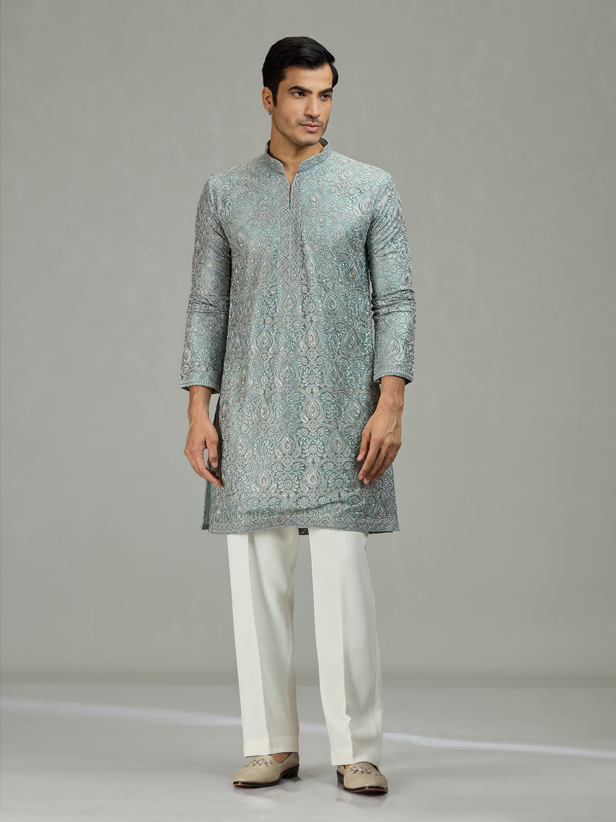 English grey Persian floral graceful men kurta suit
