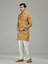 Yellow floral grid printed vibrant men kurta suit