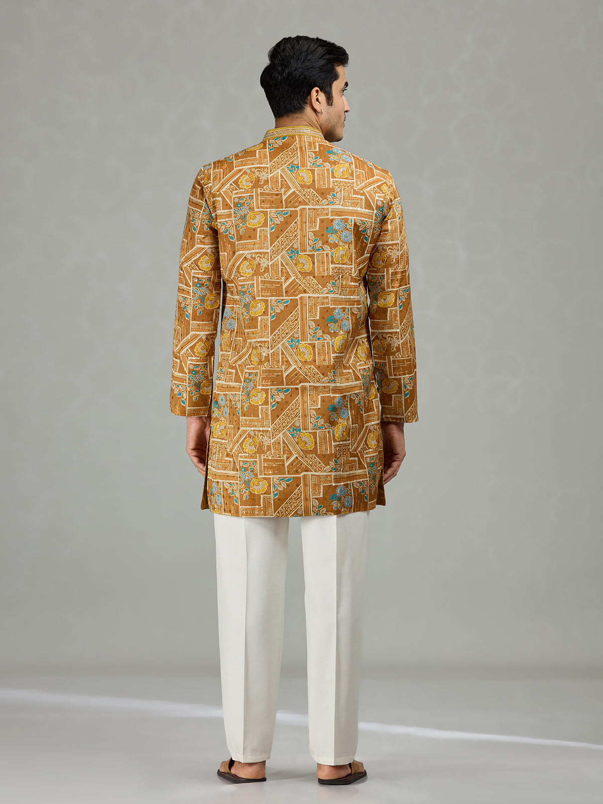 Yellow floral grid printed vibrant men kurta suit