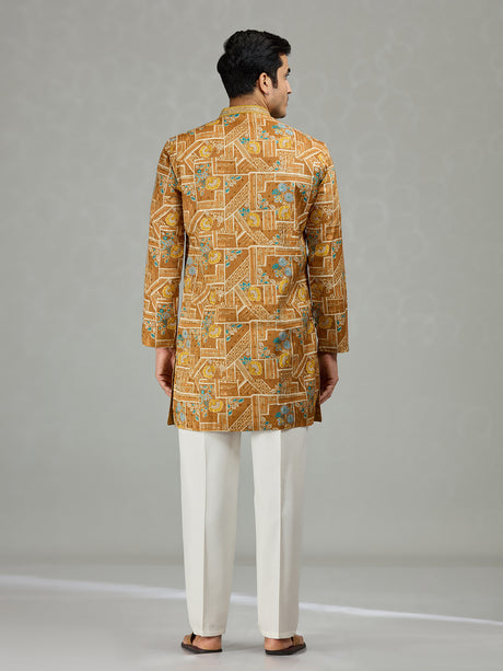Yellow floral grid printed vibrant men kurta suit