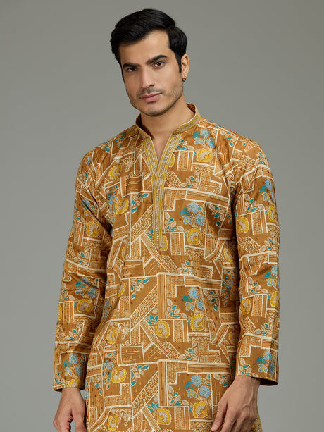 Yellow floral grid printed vibrant men kurta suit