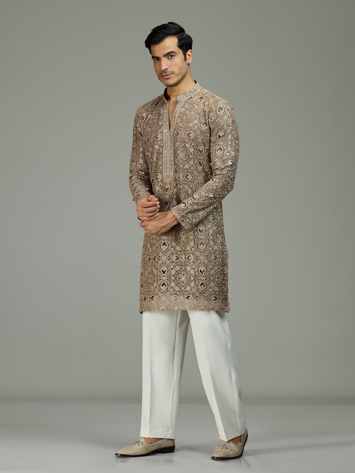 Olive green diamond cut refined men kurta suit