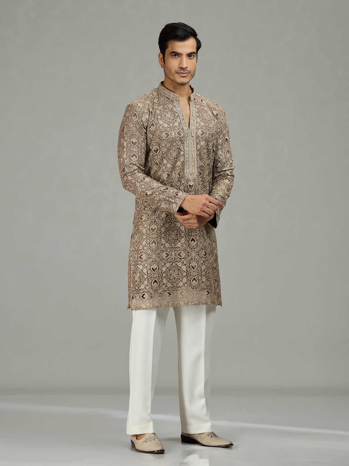 Olive green diamond cut refined men kurta suit