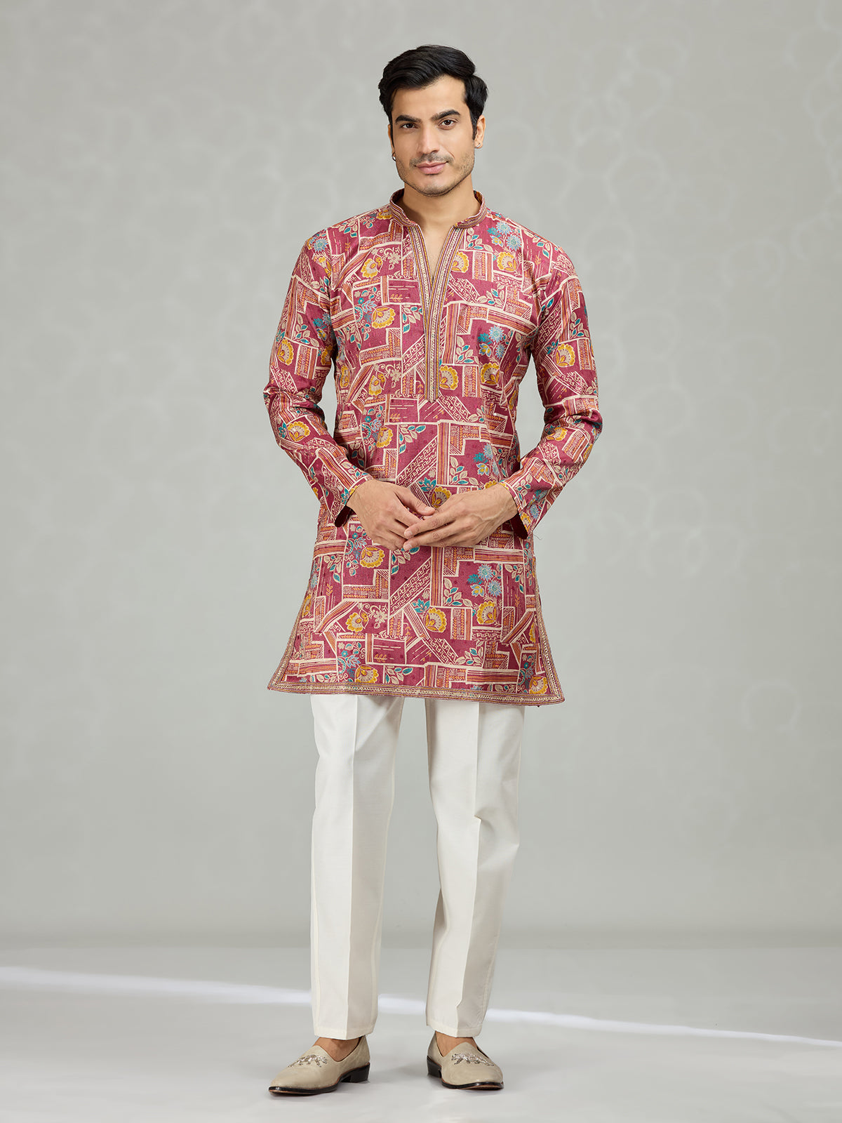Wine botanical grid printed statement men kurta suit