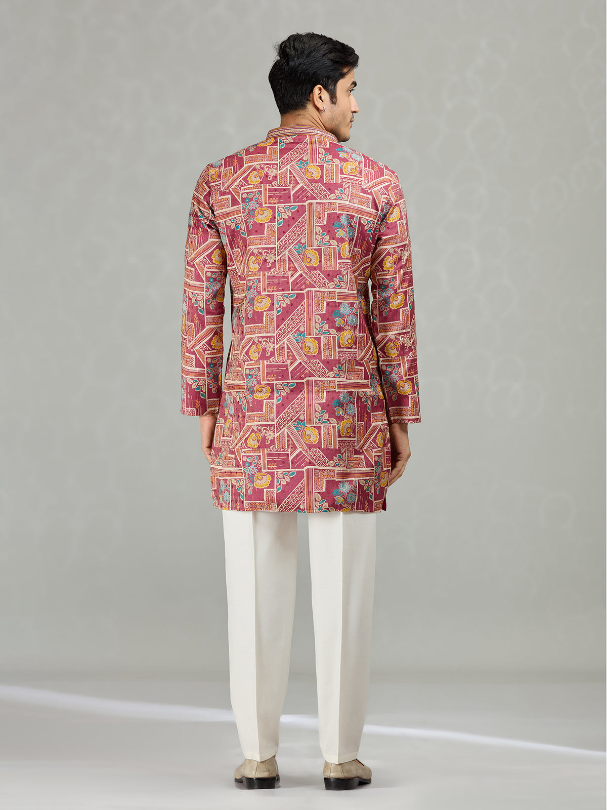 Wine botanical grid printed statement men kurta suit