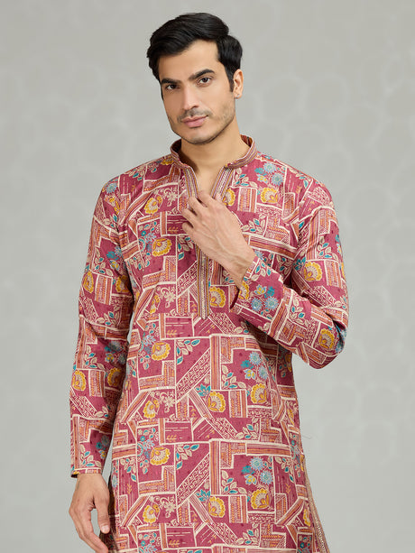Wine botanical grid printed statement men kurta suit