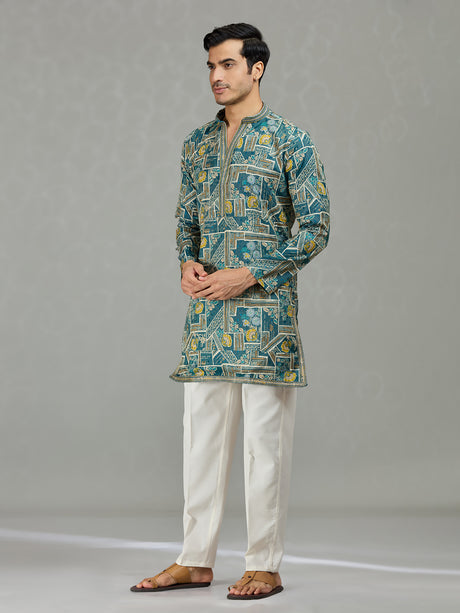 Blue floral grid printed contemporary men kurta suit