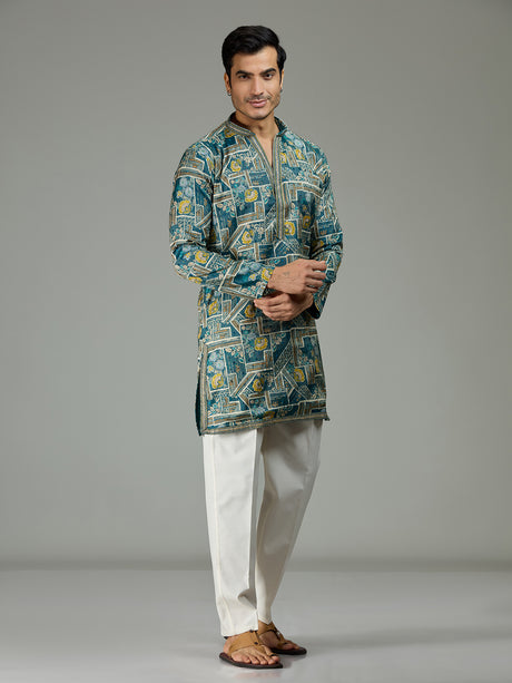Blue floral grid printed contemporary men kurta suit