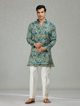 Blue floral grid printed contemporary men kurta suit