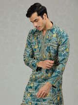 Blue floral grid printed contemporary men kurta suit
