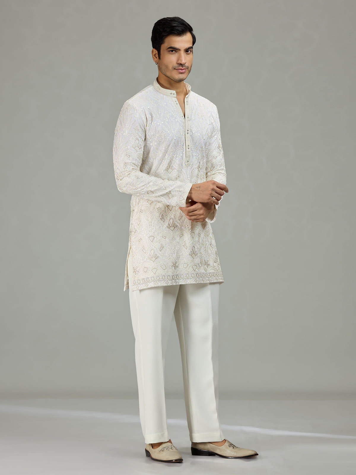 White Mughal paisley classic men kurta suit
