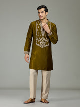 Mehendi green antique floral velvet luxurious men kurta suit