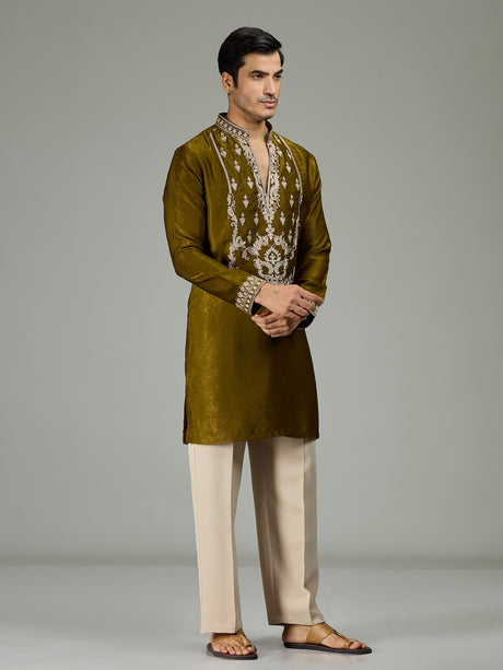 Mehendi green antique floral velvet luxurious men kurta suit