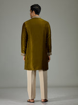 Mehendi green antique floral velvet luxurious men kurta suit
