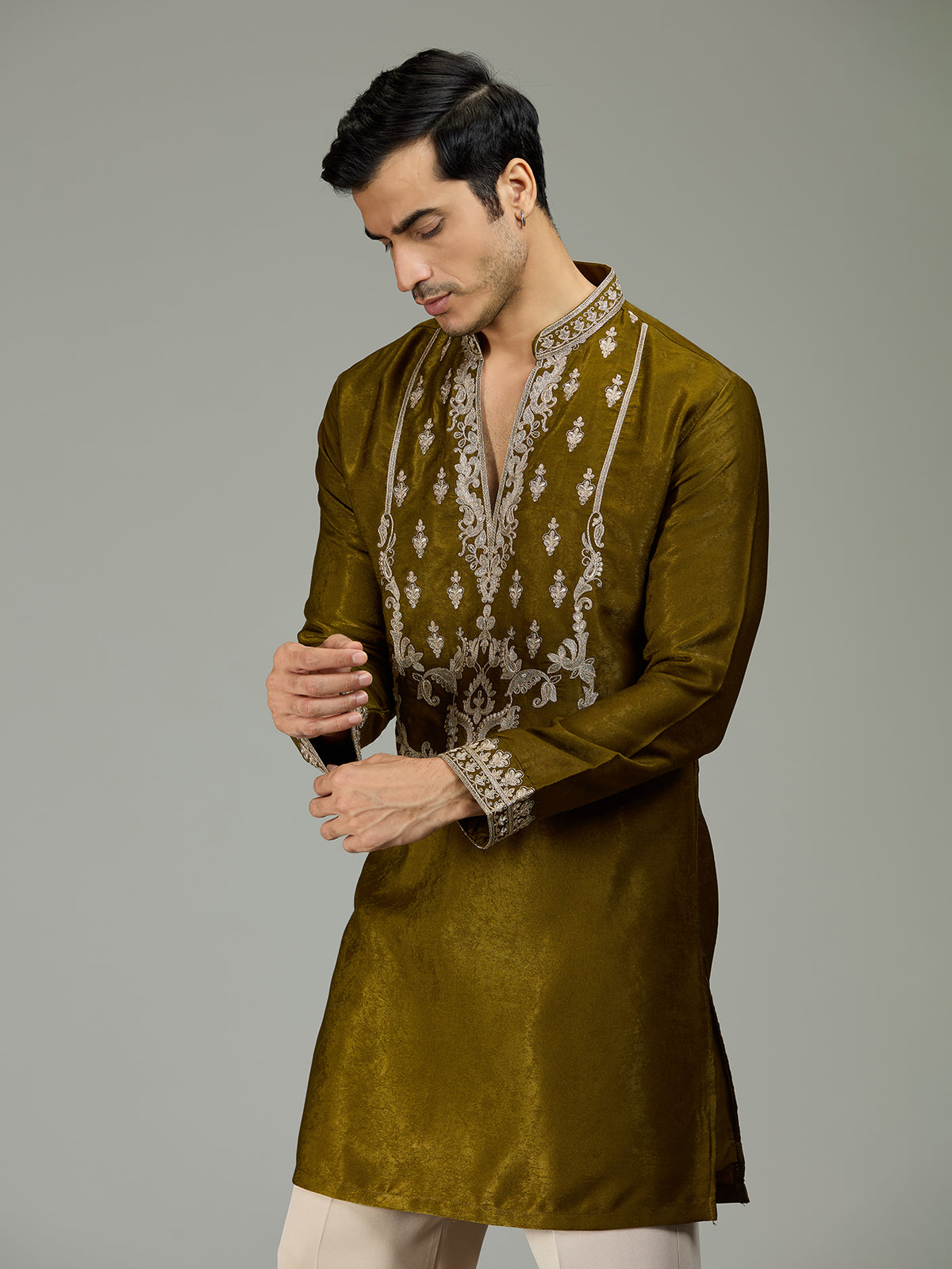 Mehendi green antique floral velvet luxurious men kurta suit