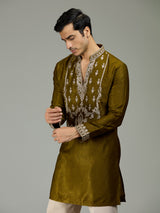 Mehendi green antique floral velvet luxurious men kurta suit