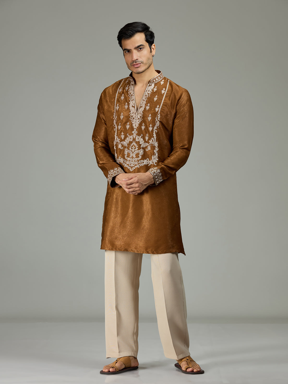 Brown antique Persian velvet heritage men kurta suit