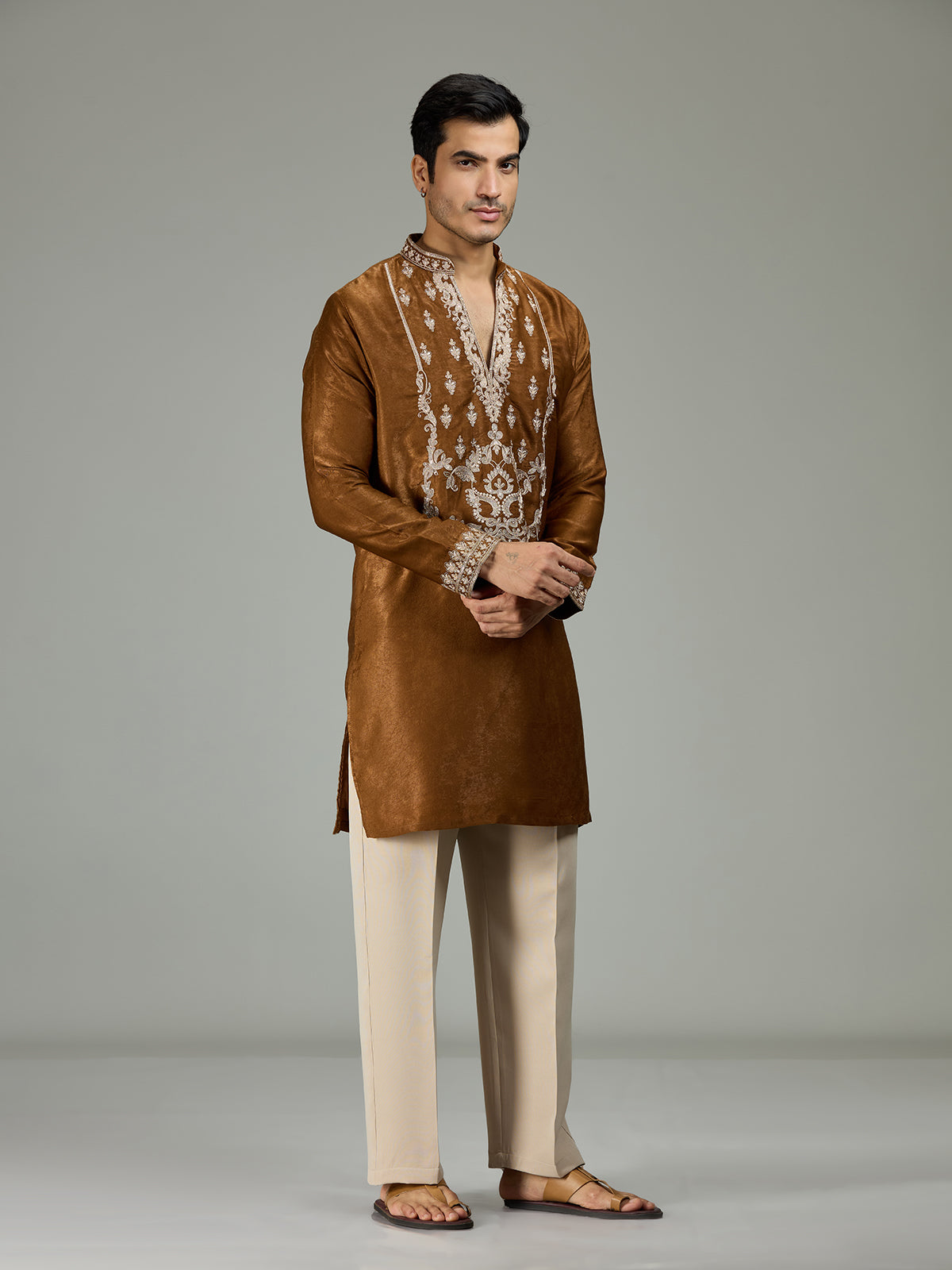 Brown antique Persian velvet heritage men kurta suit