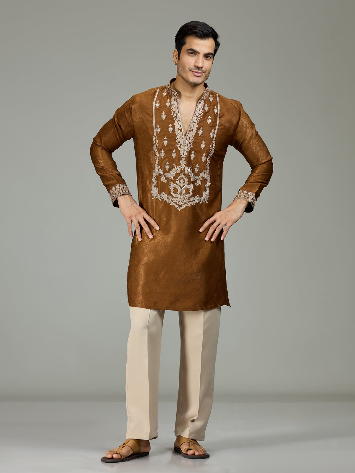 Brown antique Persian velvet heritage men kurta suit