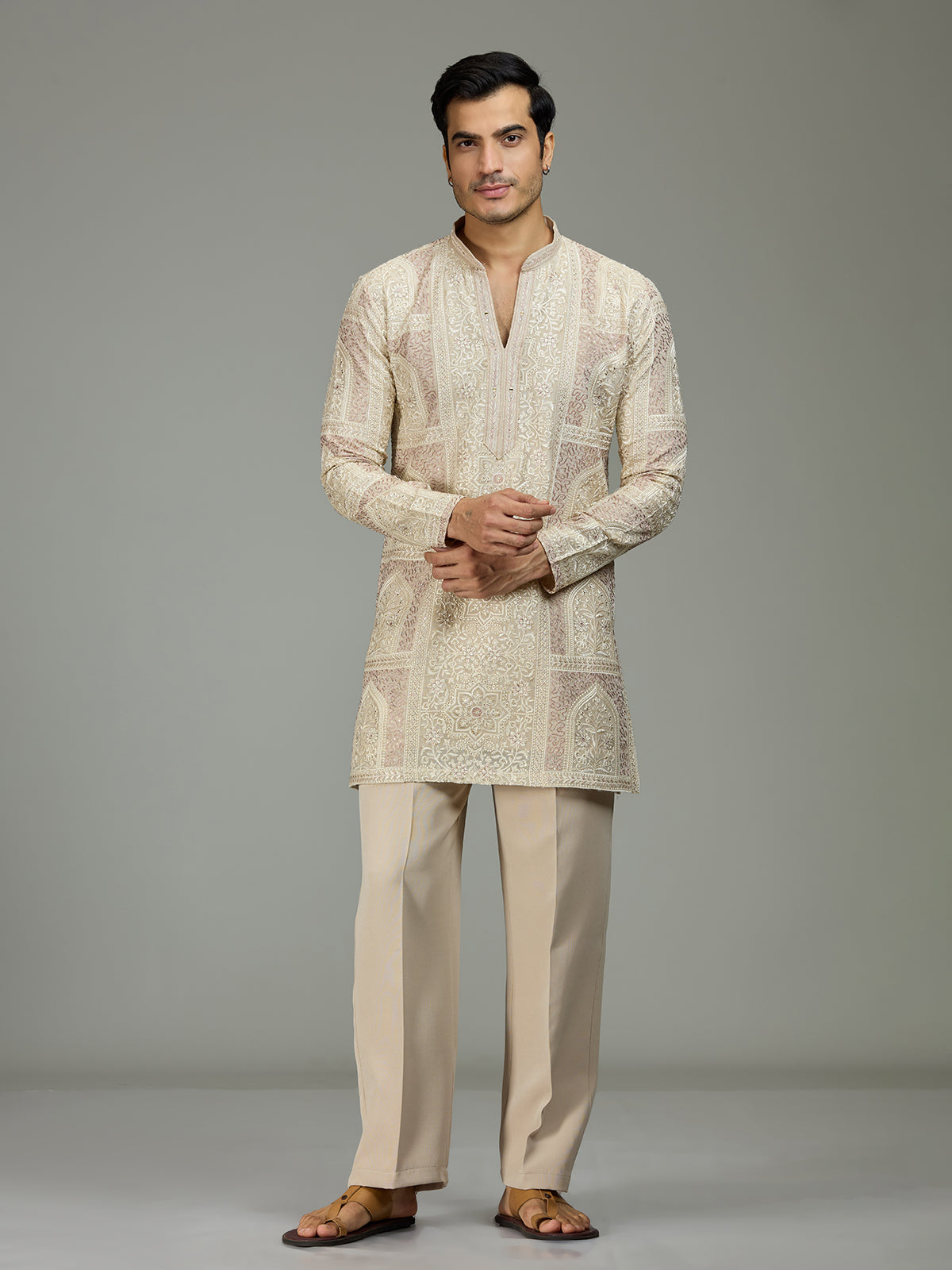 Cream royal embroidered distinguished men kurta suit