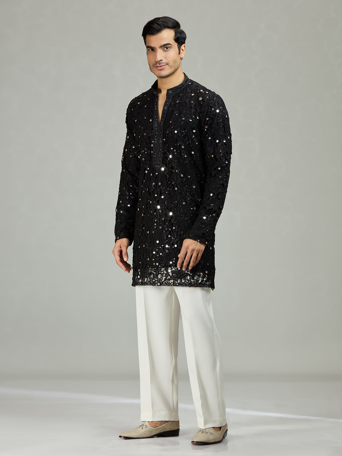 Black mirror cutwork organza statement men kurta suit