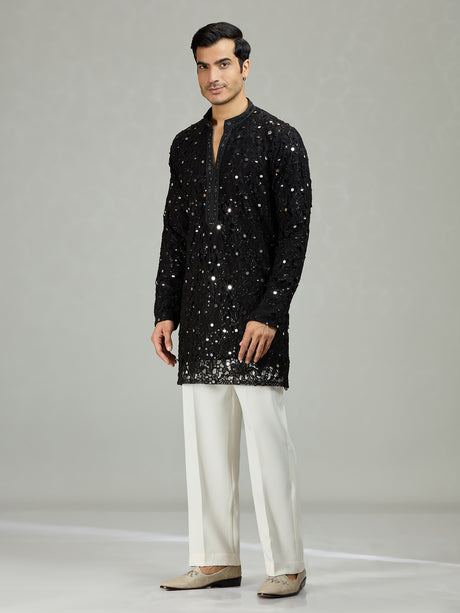 Black mirror cutwork organza statement men kurta suit