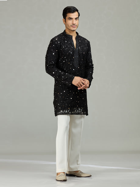 Black mirror cutwork organza statement men kurta suit