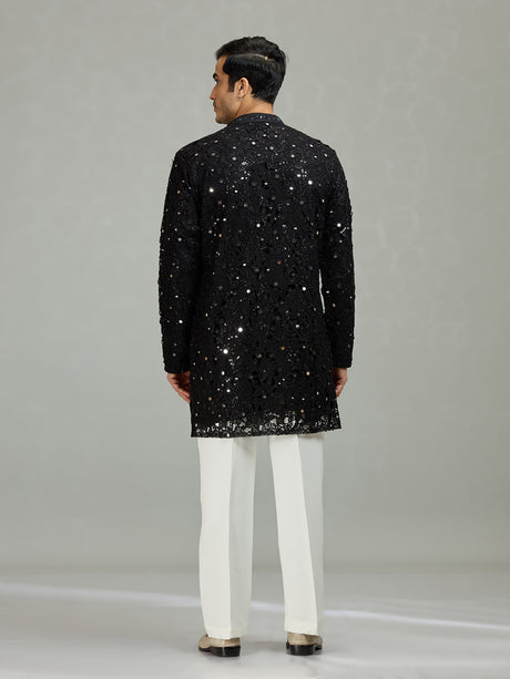 Black mirror cutwork organza statement men kurta suit