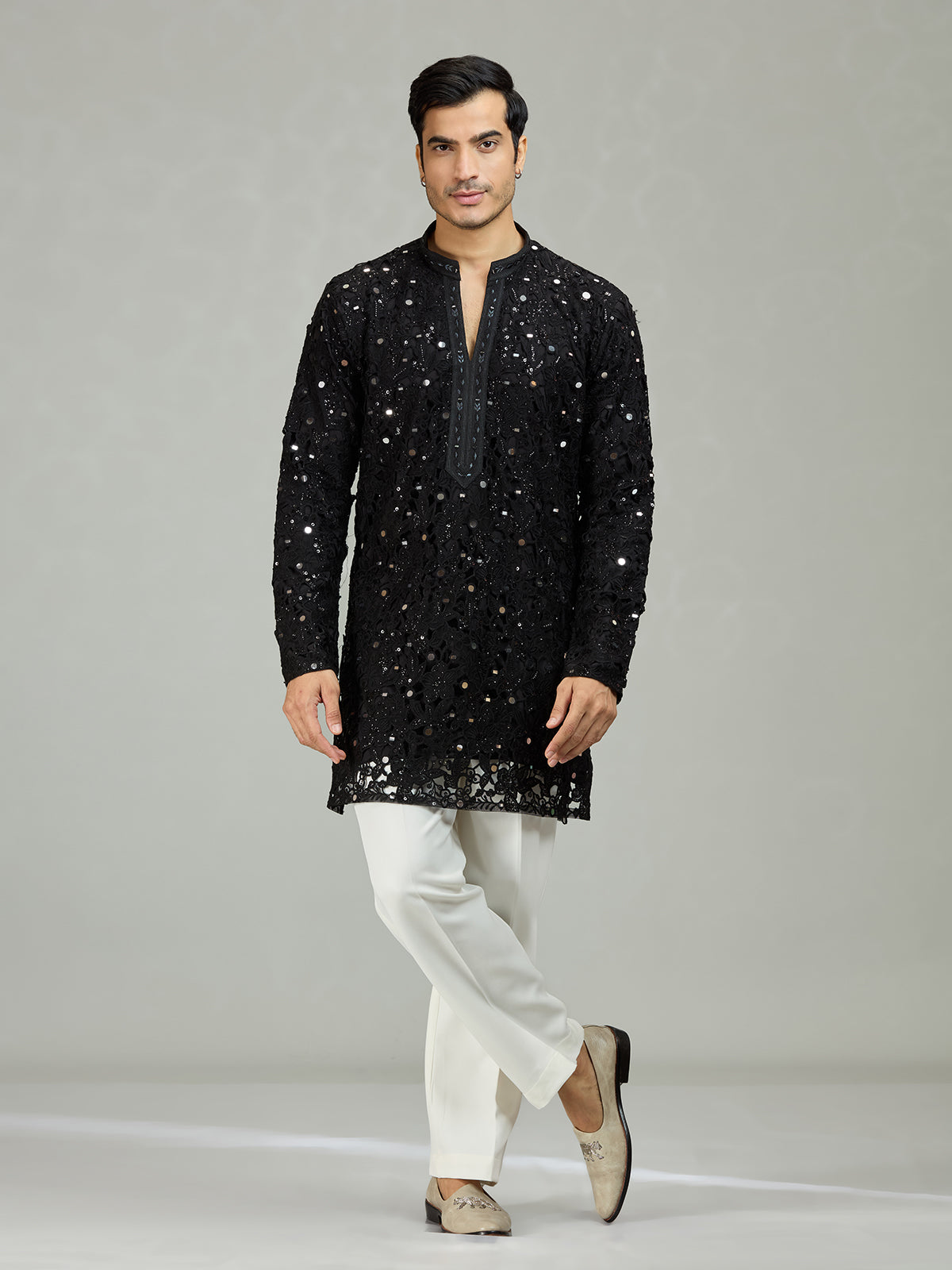 Black mirror cutwork organza statement men kurta suit