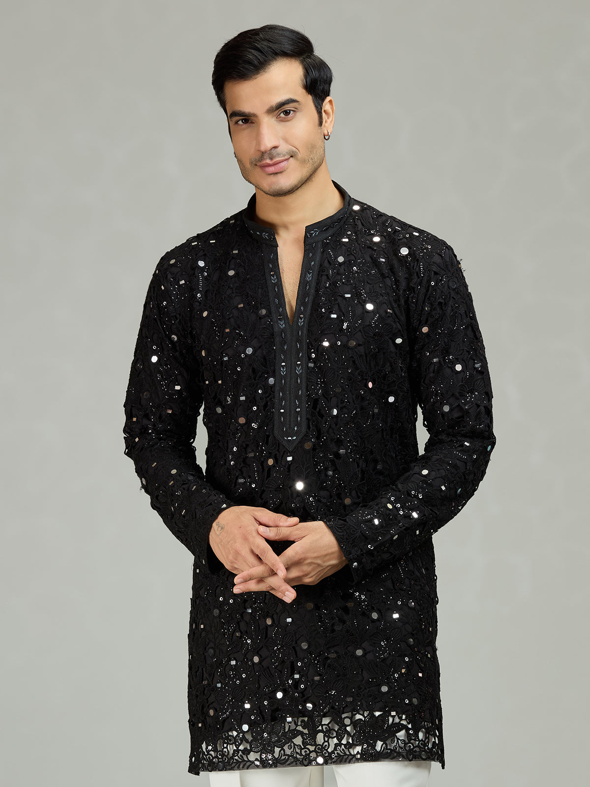 Black mirror cutwork organza statement men kurta suit