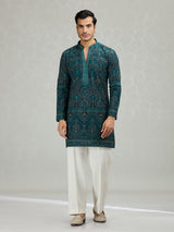 Teal blue scalloped cutwork striking men kurta suit
