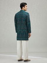 Teal blue scalloped cutwork striking men kurta suit