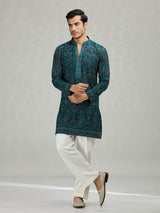 Teal blue scalloped cutwork striking men kurta suit