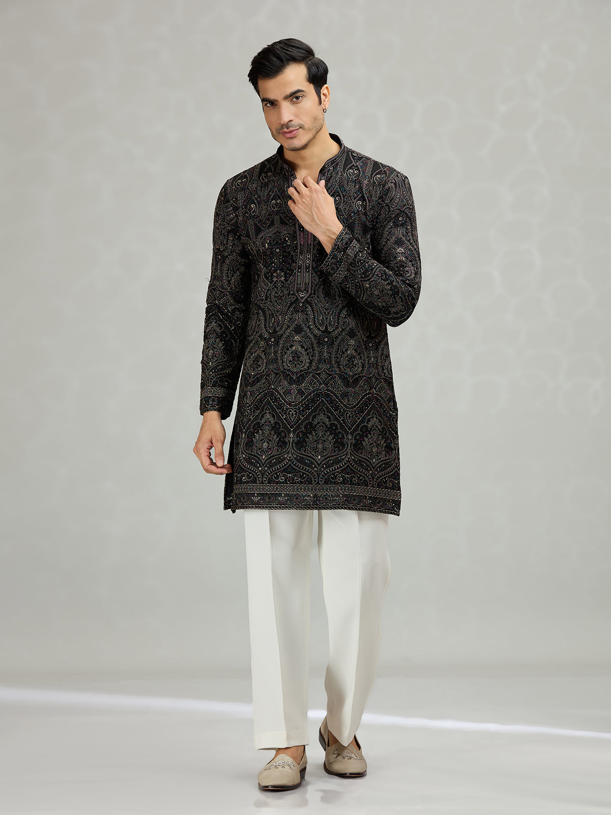 Black scalloped cutwork designer men kurta suit
