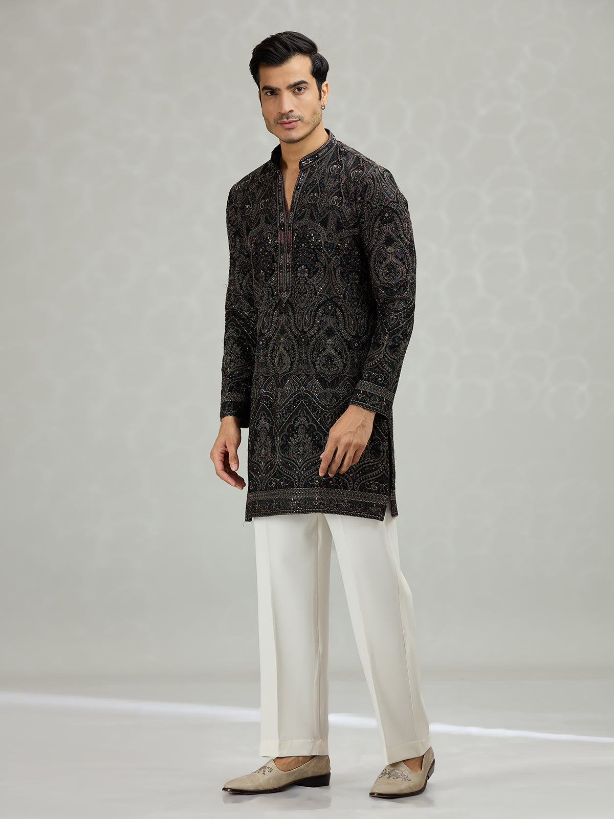 Black scalloped cutwork designer men kurta suit