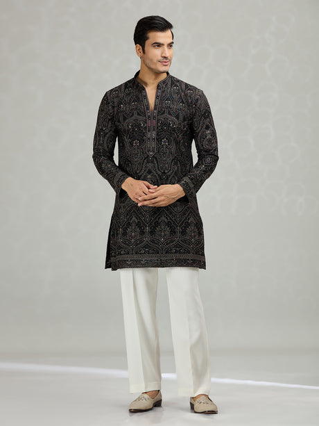 Black scalloped cutwork designer men kurta suit