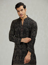 Black scalloped cutwork designer men kurta suit