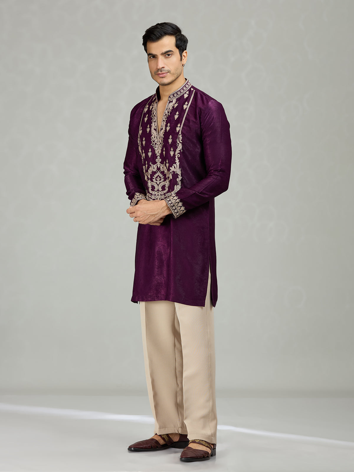 Purple Persian filigree velvet lavish men kurta suit