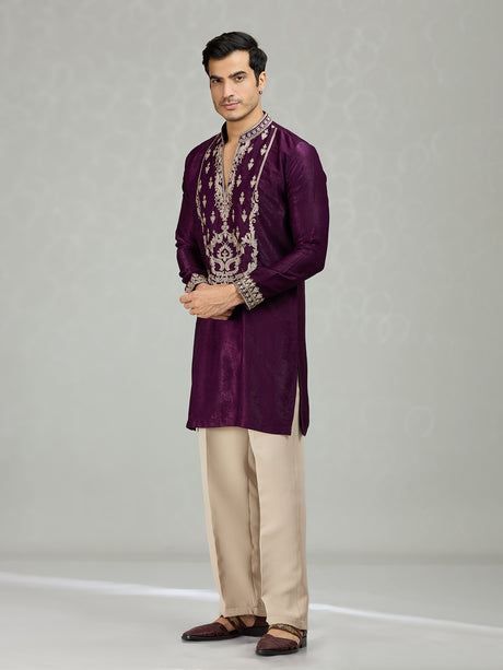 Purple Persian filigree velvet lavish men kurta suit