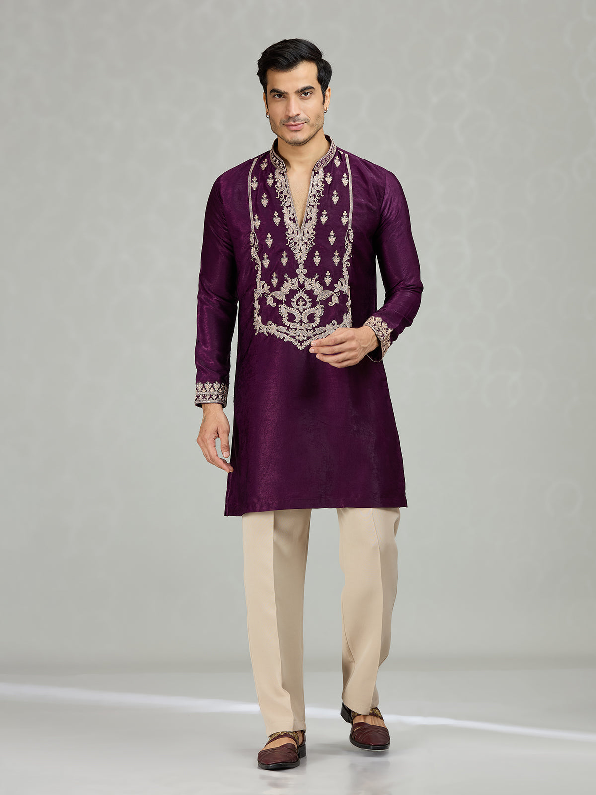 Purple Persian filigree velvet lavish men kurta suit