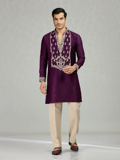 Purple Persian filigree velvet lavish men kurta suit