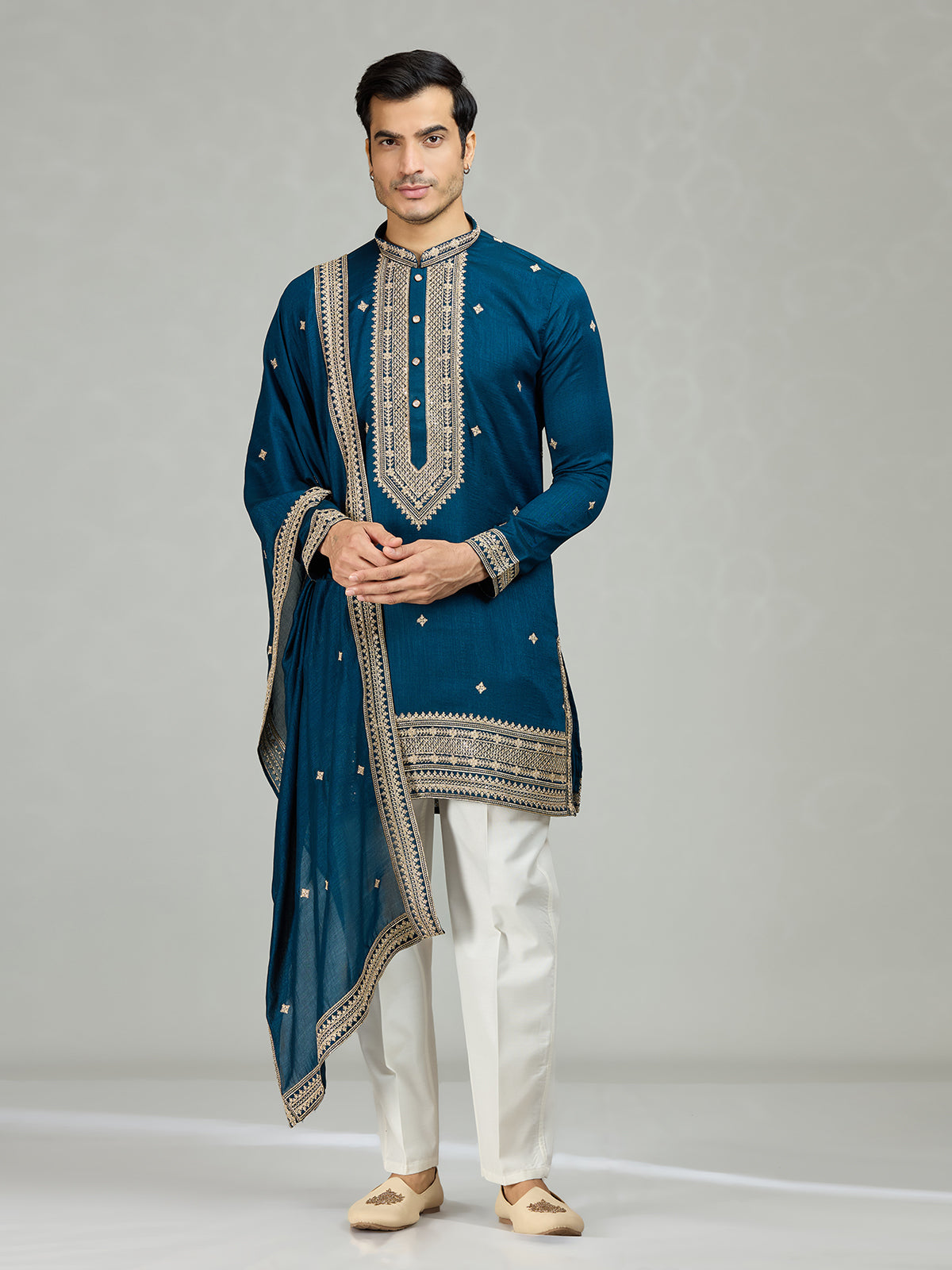 Teal blue royal embroidered men kurta suit