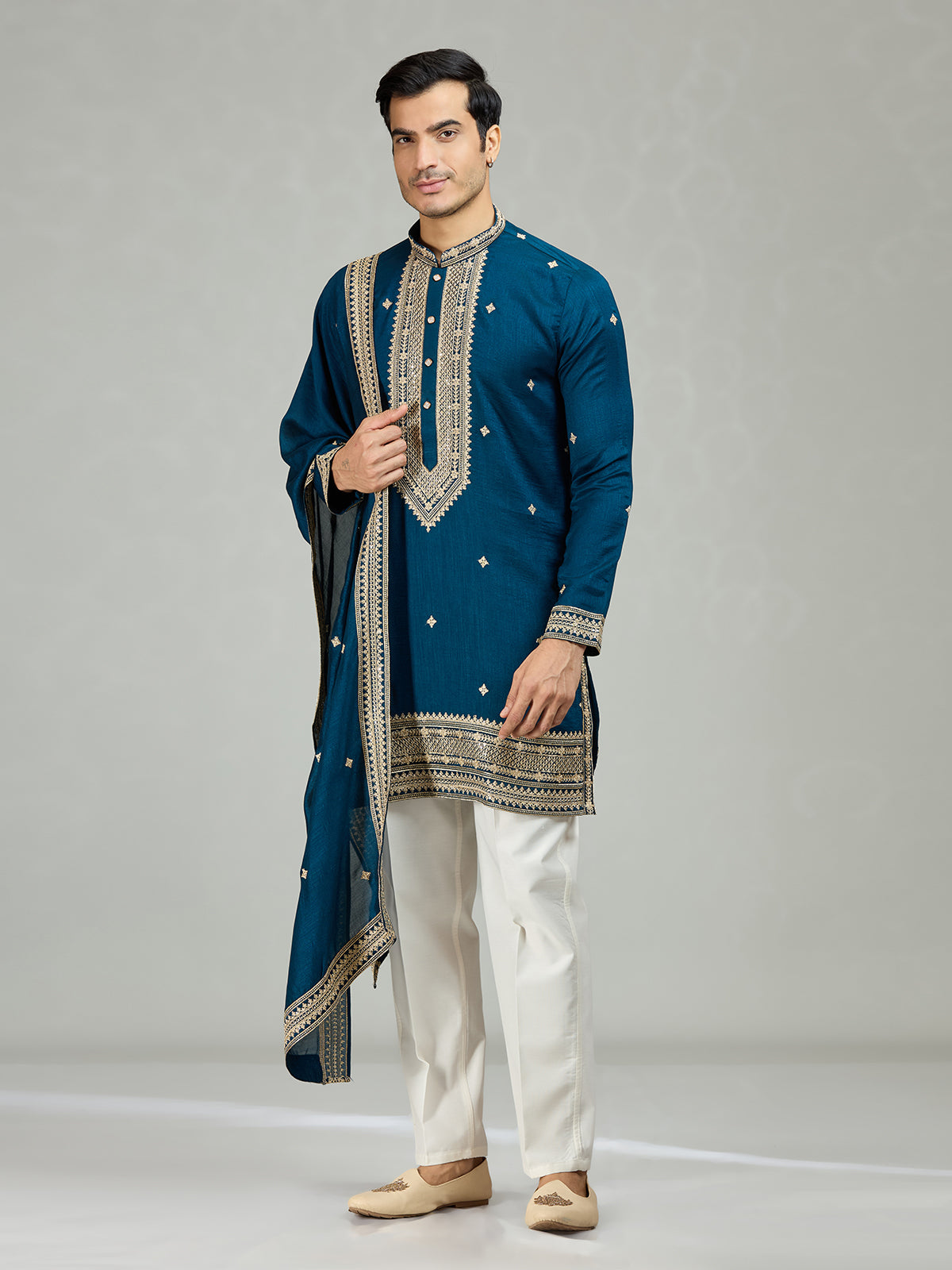 Teal blue royal embroidered men kurta suit